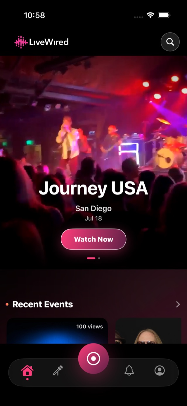 The LiveWired app home screen with a live show ready to watch